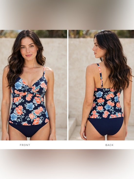 Leilani Other - Floral Navy Tankini Bikini Set with Coral & Light Blue Blooms